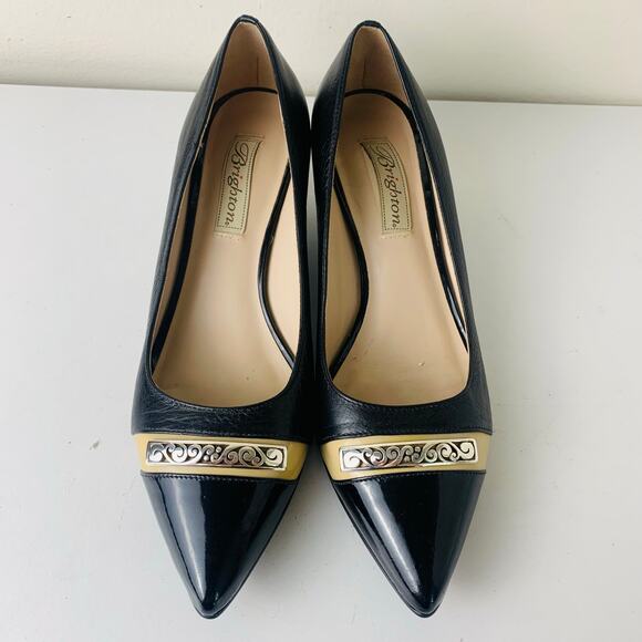 Brighton Black Leather Pointed Toe Pumps Kitten Heels Gold Trim Size 7.5 - Picture 14 of 15